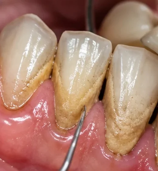 Dientes con placa y sarro amarillento junto a la encía